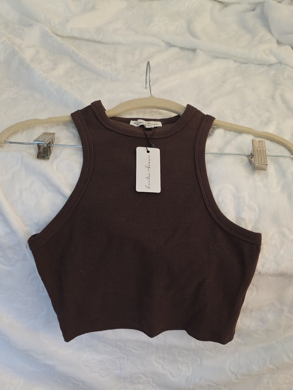 High-Neck Ribbed Crop Tank Top - Brown
